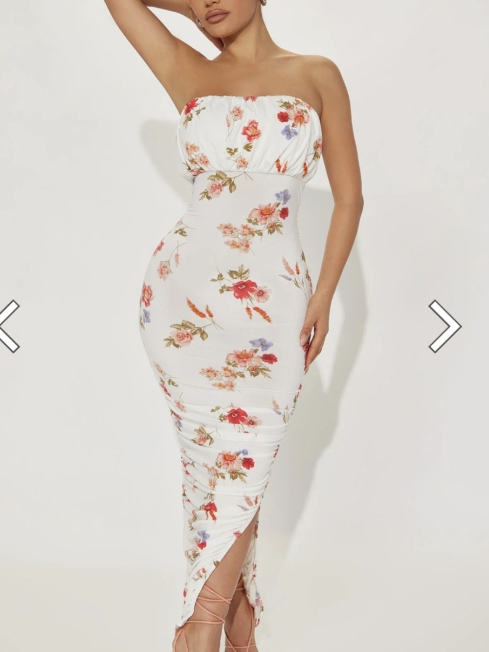 Privy White Strapless Floral Midi Bodycon Dress